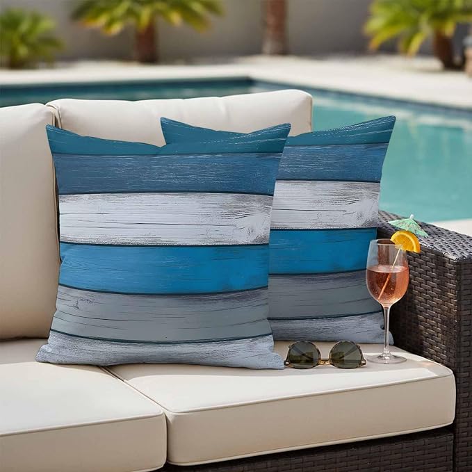 Coastal Style Outdoor Waterproof Throw Pillow Covers Set of 2, 18"x18", Retro Blue Grey Stripes Wood Texture Decorative Pillow Covers Outside Cushion Case for Patio Porch Garden
