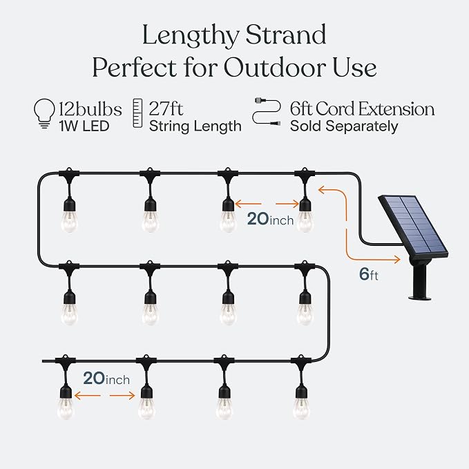 Brightech Ambience Pro 27 Ft Solar Powered Outdoor String Lights - Commercial Grade Waterproof Patio Lights with Edison Bulbs, Shatterproof LED String Lights for Patio - 1W, Warm White, 12 Bulbs