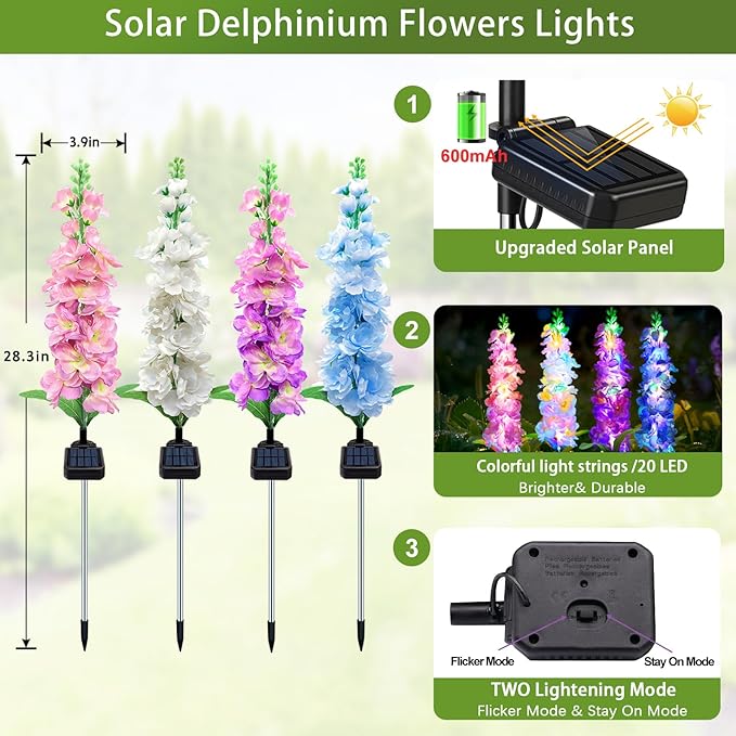 MRHEPHAESTUS Solar Garden Lights, Solar Delphinium Flowers Lights 8 Pack 160 LEDs, Waterproof Outdoor Light Two Lighting Modes for Wedding Party Garden Yard Patio Lawn Decor and Gift for Mother