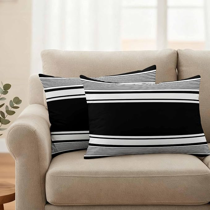 Vandarllin Outdoor Throw Pillows Covers 20x12 inch Set of 2 Waterproof Black Stripes Decorative Zippered Cushion Covers for Patio Furniture, Striped Lines Lumbar Pillowcases