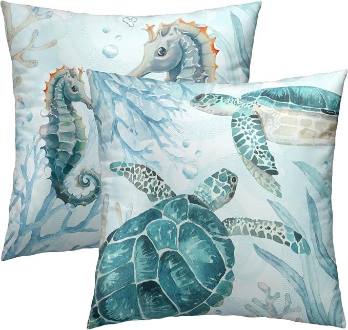 Sea Turtle Throw Pillow Covers 16 x 16 Inch Set of 2 - Ocean Animal Themed Decorative Pillows Soft Cotton Linen Cushion Cases for Couch Sofa Chair Bedroom Outdoor Home Decor