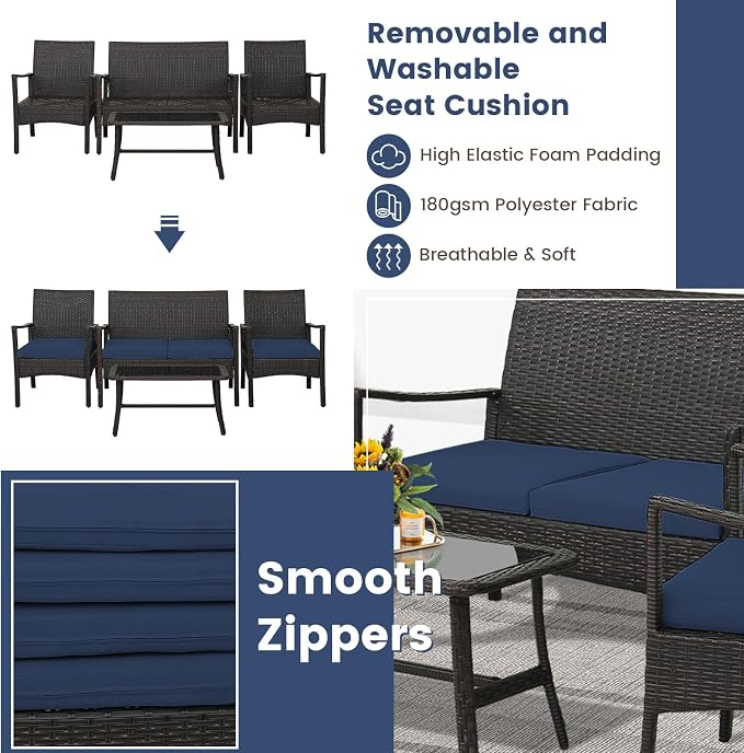 HAPPYGRILL 4-Piece Rattan Patio Conversation Set with Tempered Glass Coffee Table, Comfortable Wicker Loveseat & Chairs for Poolside, Courtyard, Balcony