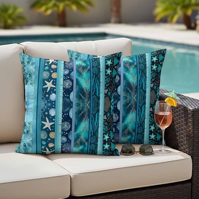 Turquoise Ocean Outdoor Waterproof Throw Pillow Covers Set of 2, 24"x24", Blue Stripes Starfish Coral Seaweed Luxury Decorative Pillow Covers Outside Cushion Case for Patio Porch Garden