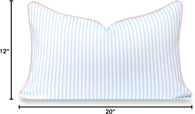 Hofdeco Premium Coastal Grandmillennial Patio Indoor Outdoor Lumbar Pillow Cover Only, 12"x20" Water Repellent for Backyard, Couch, Poolside, Baby Blue Pink Print Stripes
