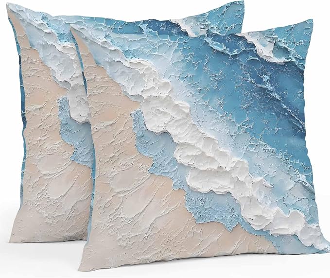 Summer Beach Theme Outdoor Pillow Covers 20x20in Pack of 2 Waterproof Pillowcase Watercolor Blue Ocean Wave Decorative Throw Cushion Case for Patio Couch Sofa