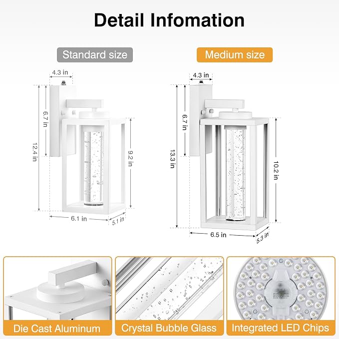VIANIS White Outdoor Wall Lights, Large Exterior House Lighting Fixtures Wall Mount, Modern Dusk to Dawn Outdoor Wall Sconce Lanterns for Front Porch with Integrated 10W LED Light Source, Anti-Rust