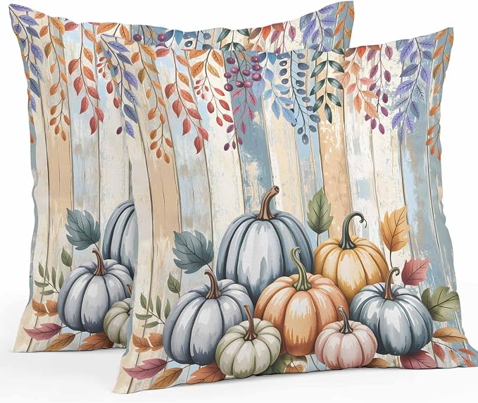 Orange Pumpkins Outdoor Waterproof Pillow Covers, Eucalyptus Leaves Wood Grain Country Rustic Decorative Square Throw Pillowcase Sofa Cushion Sham for Patio/Couch/Chair, 16"x16" 2 Pack