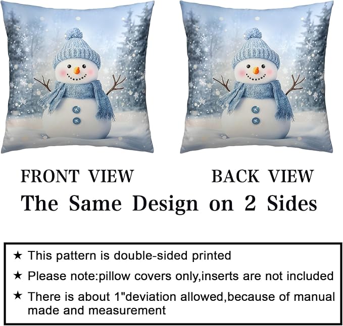 Blue Snowman Throw Pillow Covers Winter Pillow Covers 24x24 Snowflakes Pillow Case Double Sided Printing Cushion Case for Home Decor Couch Sofa Set of 2