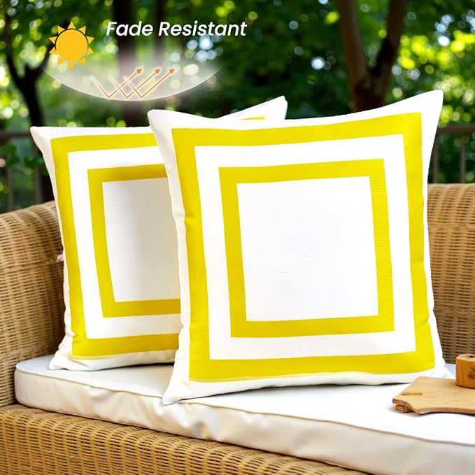 JOJOGOGO 18x18 Mustard Yellow Frame Outdoor Throw Pillow Covers Waterproof & Sunproof Set of 2, White and Yellow Outdoor Decorative Throw Pillows for Patio Furniture and Porch Decor(Without Inserts)