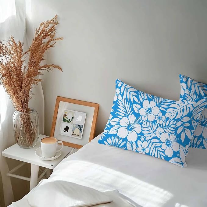 Hibiscus Flowers Waterproof Outdoor Pillow Covers Set of 2 Home Decor, Blue Tropical Monstera Leaves Lumbar Pillowcase Patio Pillow Covers for Couch Bench Patio Furniture Garden 20x12in