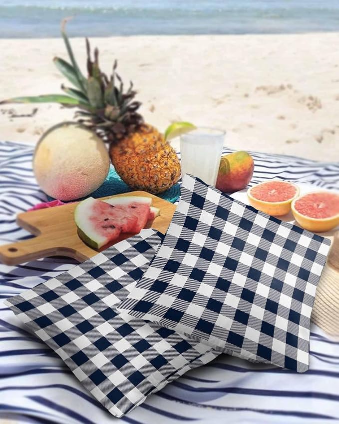Outdoor Waterproof Throw Pillow Covers Set of 2 Buffalo Plaid Dark Blue Check Pillowcases 20x20 Inches Farmhouse Style Patio Decorative Pillows Cushion Case Patio Pillows for Couch Bed Chair Garden