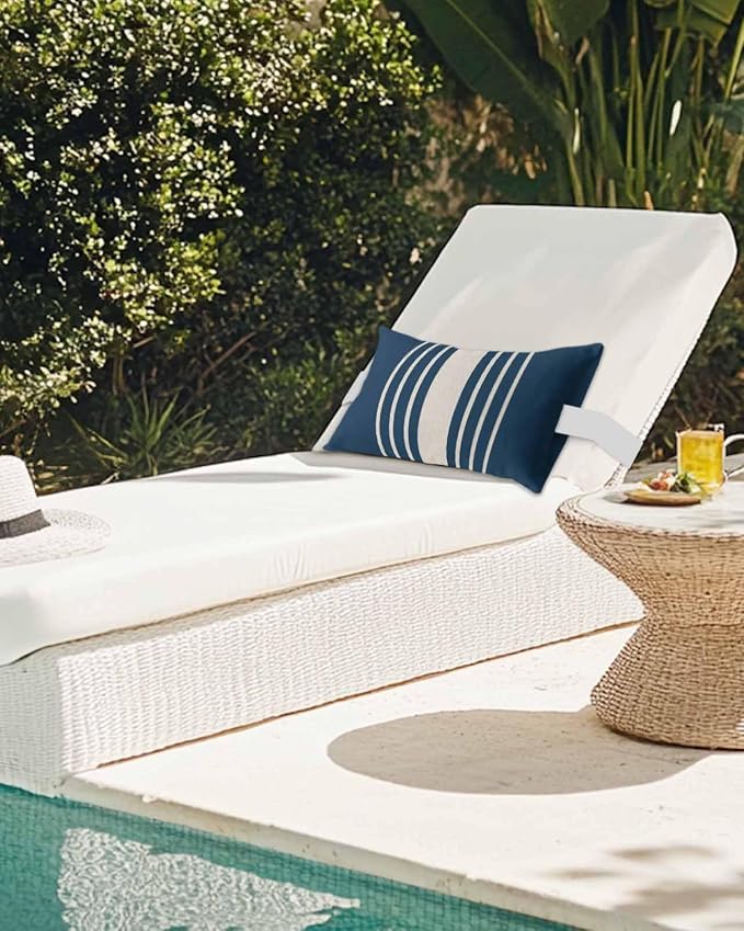 Pack of 4 Outdoor Lumbar Pillow Covers 11x16 Inch, Navy Blue Beige Striped Waterproof Throw Pillow Covers Set, Modern Farmhouse Retro Lines Indoor&Outdoor Cushion Cases for Patio Porch Beach