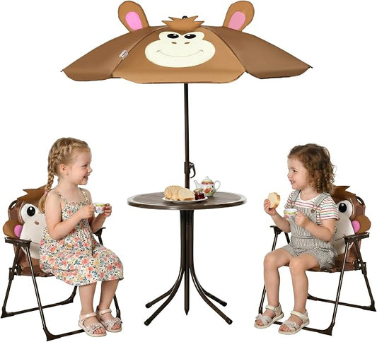 Outsunny Kids Table and Chair Set, Outdoor Folding Garden Furniture, Picnic Table for Patio Backyard, with Removable & Height Adjustable Sun Umbrella, Brown