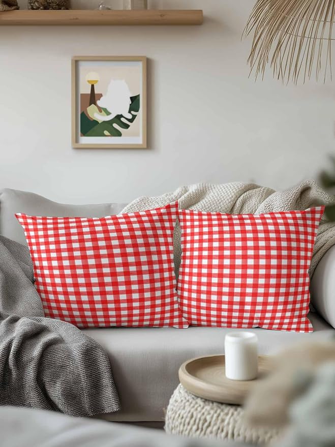 Outdoor Waterproof Throw Pillows Country Red Buffalo Plaid Patio Pillows,Decorative Pillow Covers with Insert,Pillow Cushion Case for Garden Couch Sofa Classic Gingham Check