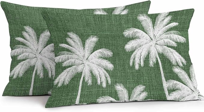 Lumbar Pillow Covers 20x12 Inch Set of 2, Dark Green Palm Trees Waterproof Outdoor Pillow Covers, Farmhouse Tropical Summer Beach Decorative Cushion Pillowcases for Couch, Sofa, Bed, Garden, Patio