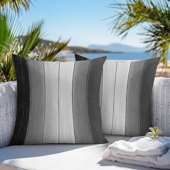 Throw Pillow Covers 18x18 Inch Set of 2, Black Gray Ombre Waterproof Outdoor Cushion Covers, Vintage Country Wooden Decorative Pillowcases for Couch, Sofa, Bed, Garden, Patio