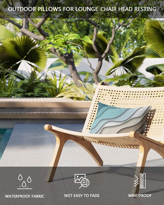 Geometric Ombre Lounge Pillows Outdoor, Aesthetic Turquoise Brown White Gradient Abstract Head Pillow, Modern Waterproof Patio Furniture Lumbar Pillow with Adjustable Elastic Strap for Recliner Beach