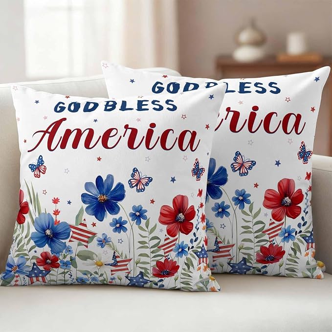 God Bless USA Outdoor Waterproof Throw Pillow Covers Set of 2, 18"x18", Red Blue Daisy Butterfly Independence Day Decorative Pillow Covers Outside Cushion Case for Patio Porch Garden