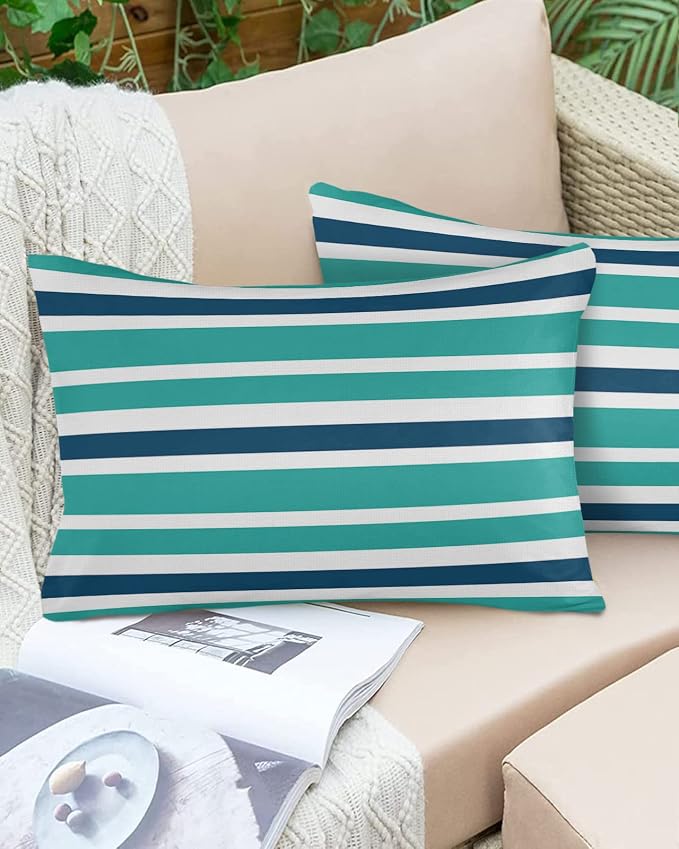 Outdoor Waterproof Lumbar Throw Pillow Covers Set of 2 Navy Blue Turquoise Stripes Decorative Outdoor Pillows Cushion Case 20x12 Inch Teal Striped Patio Pillows for Couch Sofa Bed Garden Home Decor