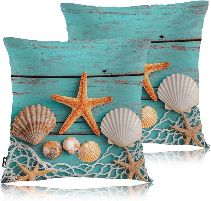 Swono Marine Throw Pillow Cases, Fishing Net Seashells Starfish Set of 2 Decorative Throw Pillow Cover Turquoise Blue Wood Square Pillow Cushion Case Home Decor for Sofa Couch Bed Car 18x18 Inch