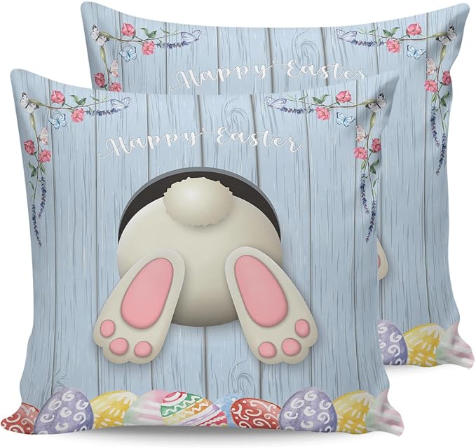 Vandarllin Outdoor Throw Pillows Covers 18X18 Set of 2 Waterproof Bunny Butt Easter Eggs Decorative Zippered Lumbar Cushion Covers for Patio Furniture, Spring Flower Wood Grain