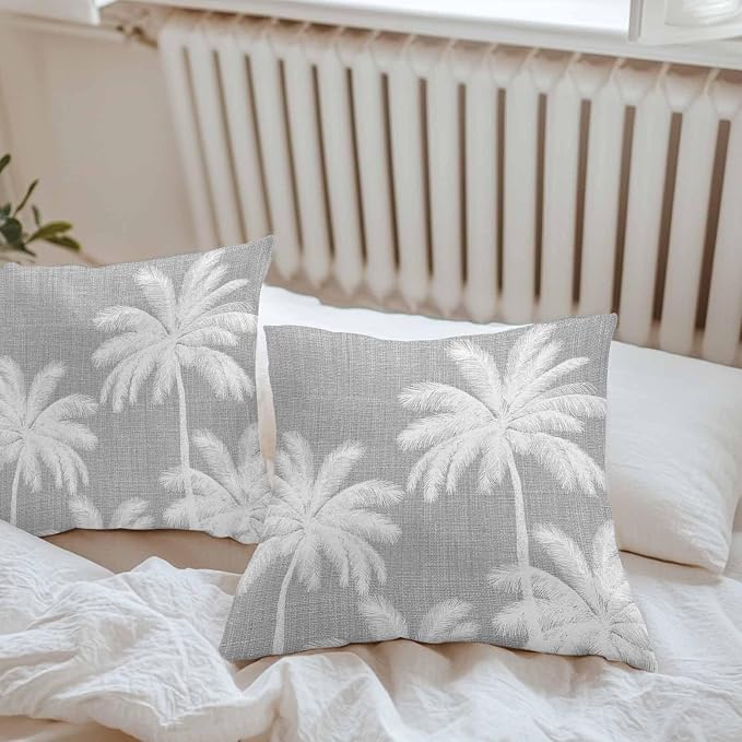 Outdoor Pillow Covers 20x20 Inch Set of 2, Grey Palm Trees Waterproof Throw Pillow Covers, Farmhouse Tropical Summer Beach Decorative Cushion Pillowcases for Couch, Sofa, Bed, Garden, Patio