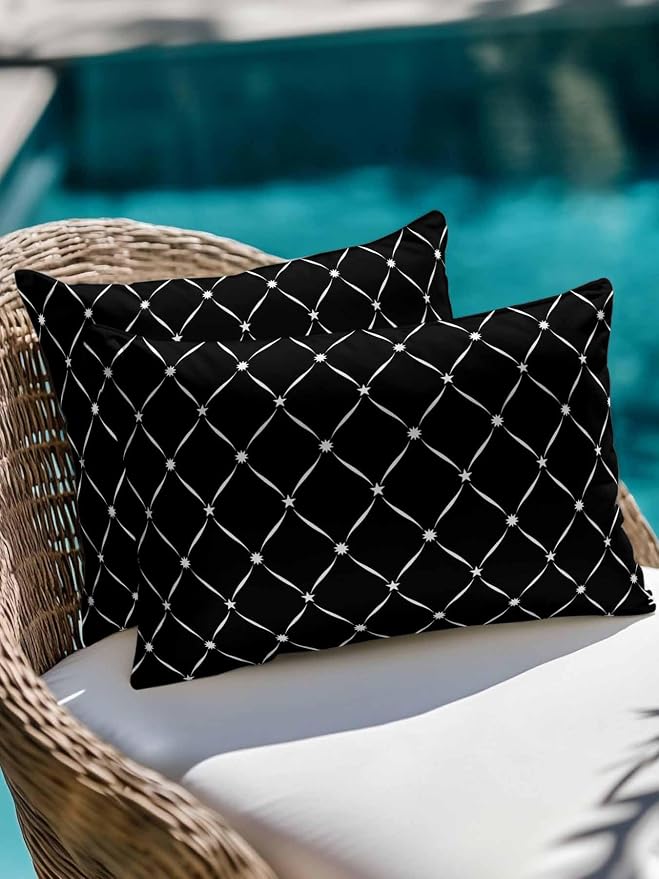 Vandarllin Waterproof Outdoor Pillow Set of 2 Black Grid Plaid Decorative Throw Pillows Cover & Insert 20x12 Inch Lumbar Pillowcase Diagonally Crossed Lines Pillows for Couch Sofa Bed Patio Furniture
