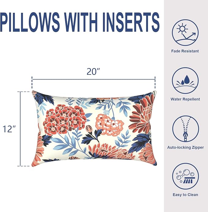 Outdoor Lumbar Pillows 12x20 Inch, Water Repellent Cushion Pillows, Outdoor Pillows with Inserts for Home Garden Pack of 2, Red Chrysanthemum