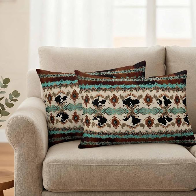 Boho Cowhide Outdoor Pillow Covers 20"x12" Set of 2, Western Aztec Tribal Green Brown Cow Texture Waterproof Throw Pillow Covers for Patio Furniture, Decorative Cushion Covers for Porch