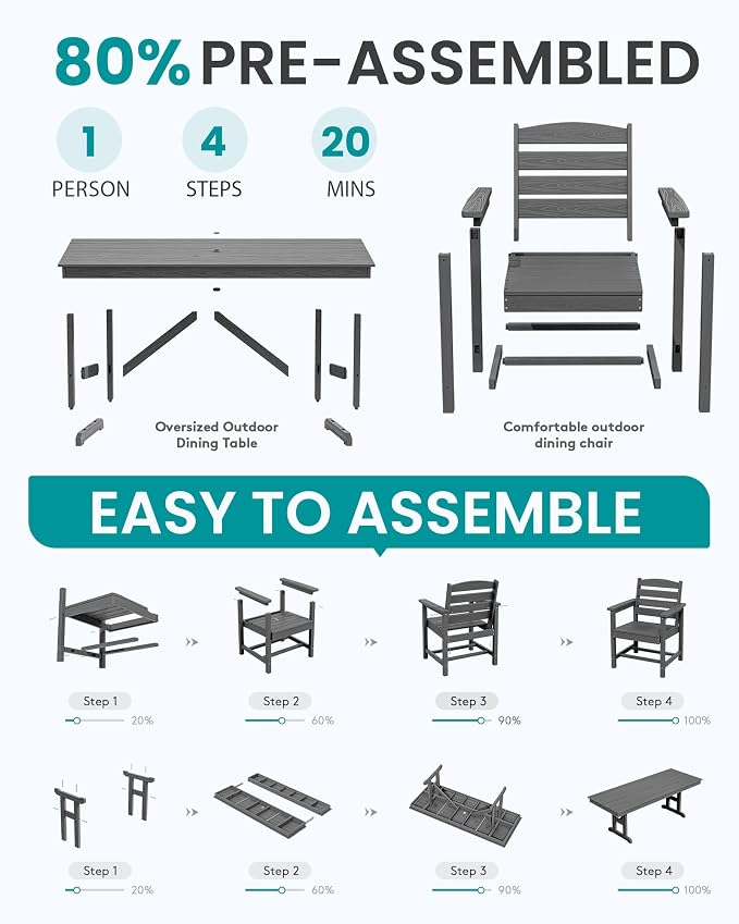 SERWALL Outdoor Dining Chairs Set of 4 with Arms, All-Weather HDPE Patio Chair with 19.7" Widened Seat, for Backyard, Garden, Gray