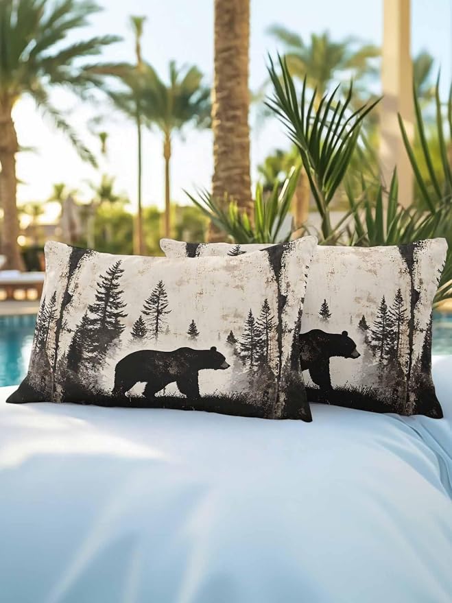 Outdoor Waterproof Throw Pillows Forest Brown Bear Silhouette Patio Pillows Pack of 2,Decorative Pillow Covers with Insert,Pillow Cushion Case for Garden Couch Sofa Minimalist Modern Art