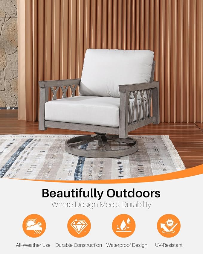 Aluminum Swivel Outdoor Armchair, Swivel Patio Sofa Chair with Thick Cushions, 360-Degree Rotating Aluminum Club Chair, Outdoor Rotation Chair Furniture for Deck, Porch, Garden, Limed Oak