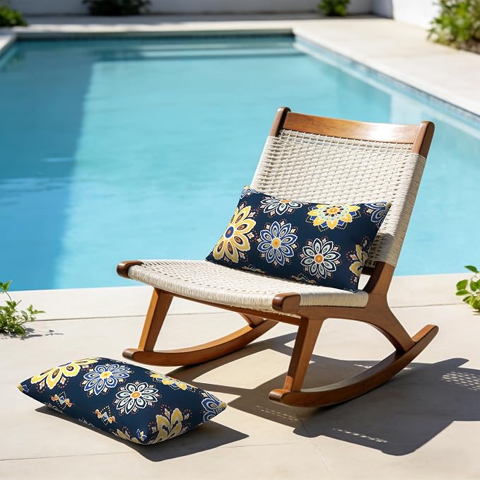 12x20 Inch Lumbae Pillow Covers, Rectangle Waterproof Throw Covers Set of 2, Decorative Patio Furniture Cushion Cases for Porch Garden, Bloom Medallion‌Cobalt