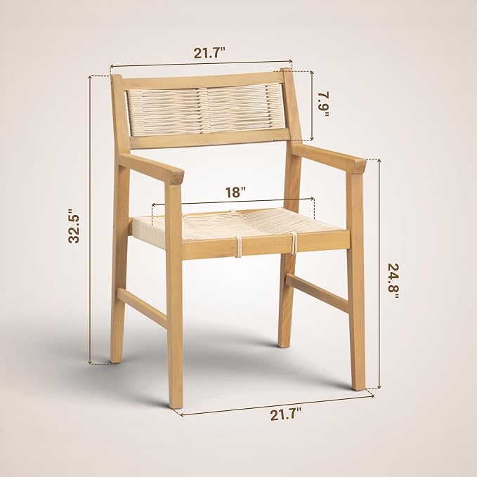 NTC Terra Set of 2 Solid Wood Armchairs with Handwoven Rope Seat & Back, Indoor & Outdoor Dining Chairs for Patio Dining Sets, Modern Patio Chairs with Arms, Easy Assembly, Natural