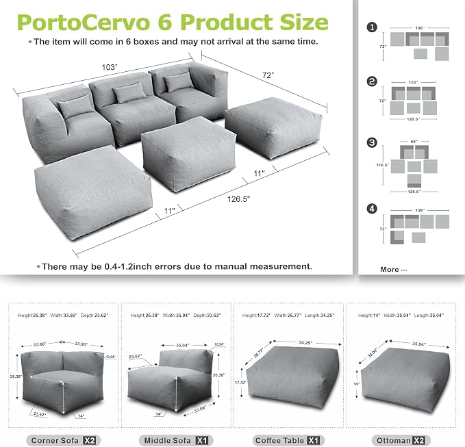 Patio Furniture Set Bean Bag 6 Pieces Outdoor Chairs Sectional Conversation Patio Set Daybed Furniture Outdoor Sofa Couch High Density Foam Filling Modern Comfy Patio Couch, Dark Gray