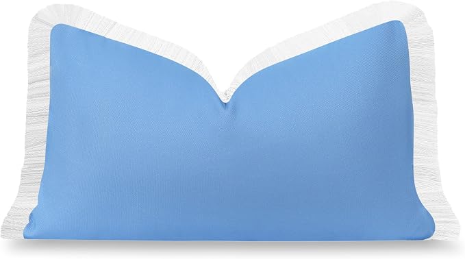 Hofdeco Premium Coastal Hampton Patio Indoor Outdoor Lumbar Pillow Cover Only, 12"x20" Water Repellent for Backyard, Couch, Poolside, Azure Blue Print Solid
