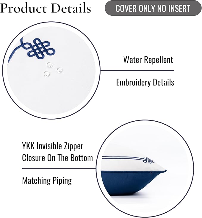 Hofdeco Premium Coastal Hampton Patio Indoor Outdoor Throw Pillow Cover Only, 22"x22" Water Repellent for Backyard, Couch, Poolside, Navy Blue Embroidered Chinoise Lucky Knots