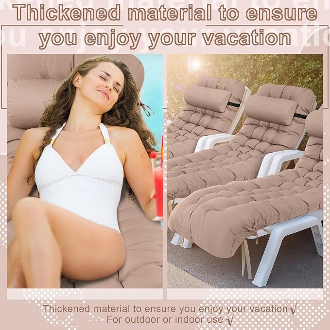Tudomro Outdoor Chaise Lounge Cushion 66x21x4'' Waterproof & Fade-Resistant Patio Pool Chaise Lounge Cushion Headrest Pillow Tie Replacement Rocking High Back Chair(Taupe,1 Pcs)