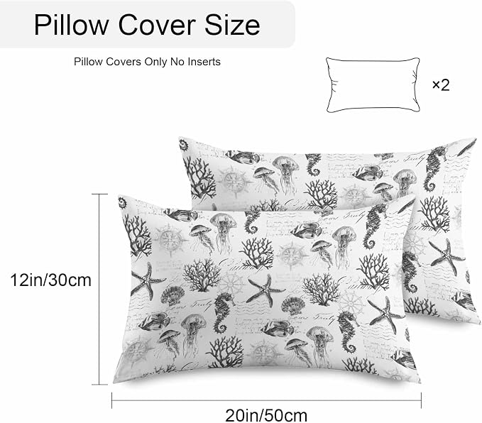 Gray Coastal Waterproof Outdoor Pillow Covers Set of 2 Home Decor, Retro Nautical Starfish Coral Jellyfish Pillowcase Patio Pillow Covers for Couch Bench Furniture Garden 20x12in