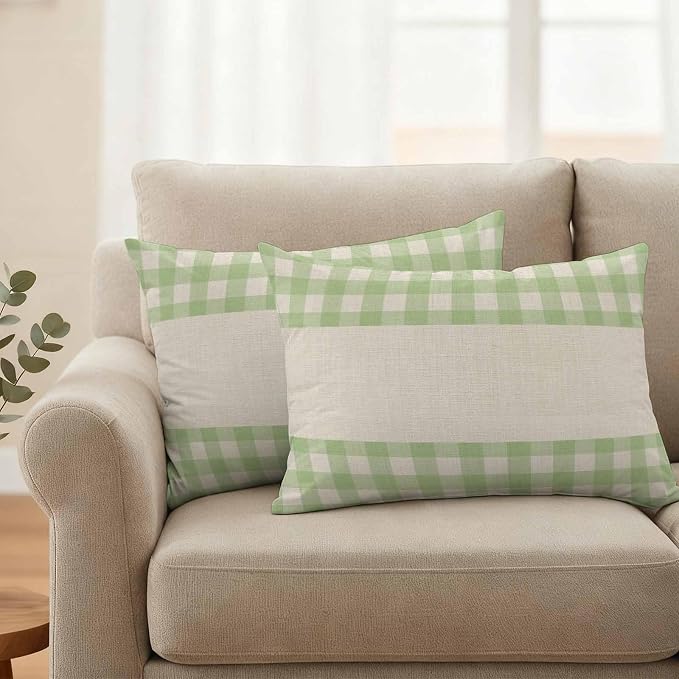 Retro Green Outdoor Waterproof Pillow Covers, Farmhouse Buffalo Plaid Vintage Beige Decorative Rectangle Throw Pillowcase Sofa Cushion Sham for Patio/Couch/Chair, 20"x12" 2 Pack
