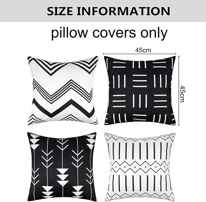 Pyonic Black and White Outdoor Pillow Covers 18x18 Inch for Patio Furniture | Set of 4 ,Waterproof,Boho Geometric Striped, Outside Patio Pillows, For Porch Garden