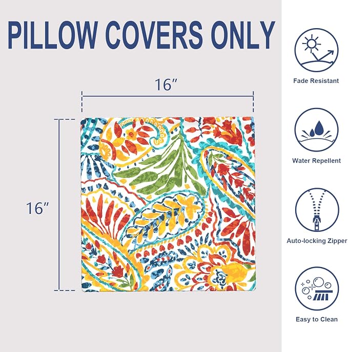 Outdoor 16x16 Inch Throw Pillow Covers Set of 2, All Weather Square Pillow Cases, Covers ONLY, Patio Cushion Pillow of Home Furniture Use, Paisley Multi