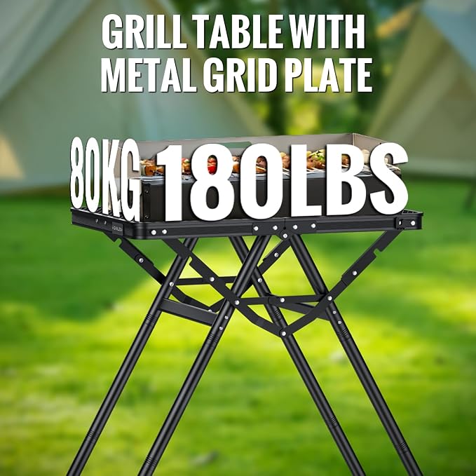 GARLLEN Folding Grill Table Max Capacity 180 lbs, 3 Adjustable Height Camping Table with Heat-Resistant Tabletop, Aluminum Picnic Table with Stable Structure for BBQ, Camping, Outdoor, 23.6"L x 15.7"W