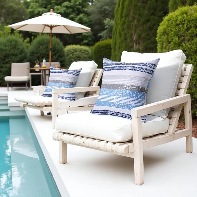 18x18 Waterproof Outdoor Pillows, Set of 2 Outdoor Throw Pillows | Patio Furniture Pillows, Fluffy Decorative Pillows, Waterproof &Fade Resistant, Removable & Washable, Stripe Blue White