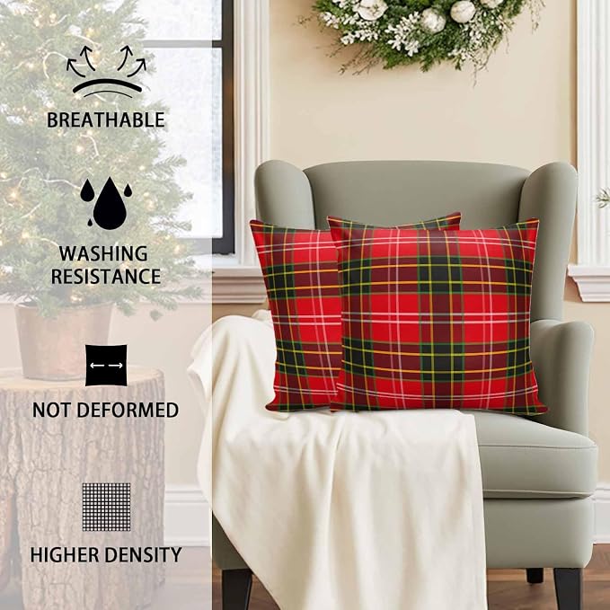 Outdoor Waterproof Throw Pillow Covers, Merry Christmas Red and Green Gingham Tartan Plaid Vintage Farmhouse Decor Pillowcases Cushion Covers Cases for Patio Couch Bench, Pack of 2 Square, 18X18 Inch