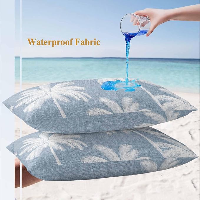 Lumbar Pillow Covers 20x12 Inch Set of 2, Light Blue Palm Trees Waterproof Outdoor Pillow Covers, Farmhouse Tropical Summer Beach Decorative Cushion Pillowcases for Couch, Sofa, Bed, Garden, Patio