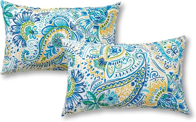 Set of 2 Outdoor Throw Pillows 19 x 12 Inch – Reversible Rectangle Patio Accent Pillows – Weather-Resistant Polyester Fabric – Eco-Friendly Recycled Polyfiber Fill – Baltic Paisley
