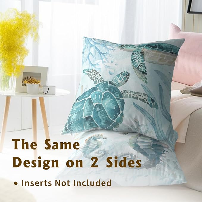 Sea Turtle Throw Pillow Covers 16 x 16 Inch Set of 2 - Ocean Animal Themed Decorative Pillows Soft Cotton Linen Cushion Cases for Couch Sofa Chair Bedroom Outdoor Home Decor