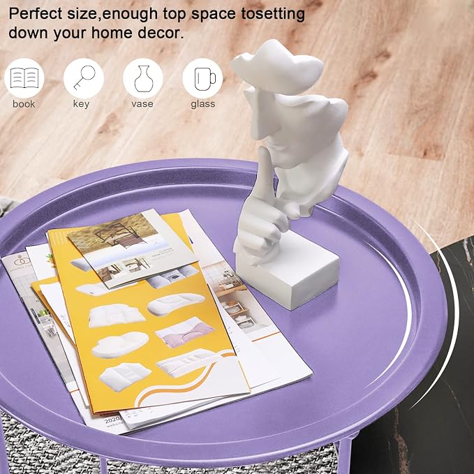 Garden 4 you End Table Metal Side Table Purple Round Folding Tray Cyan Sofa Small Accent Fold-able Table, Round End Table Tray, Next to Sofa Table, Snack Table for Living Room and Bed Room