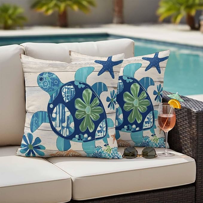 Ocean Turtle Outdoor Waterproof Throw Pillow Covers Set of 2, 26"x26", Sea Animals Rustic Wooden Board Decorative Pillow Covers Outside Cushion Case for Patio Porch Garden